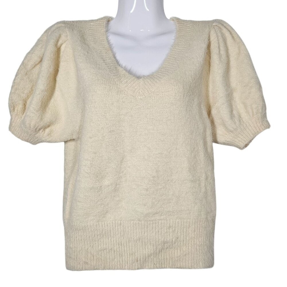 ASTR The Label Womens Puff Sleeve V-Neck Sweater Fuzzy Eyelash Knit‎ Top Cream S